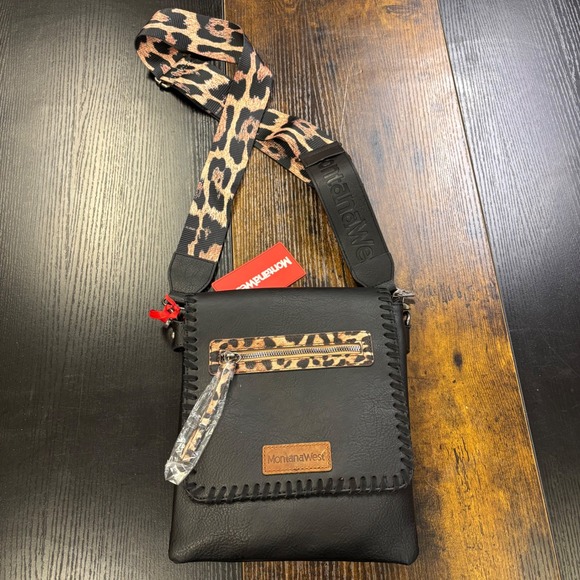 NWT MontanaWest Leopard Print Strap Crossbody Bag Black Faux Leather CC Western